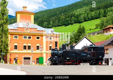 Eisenbahnmuseum mit Dampfmaschine in Vordernberg, Steiermark, Österreich Stockfoto