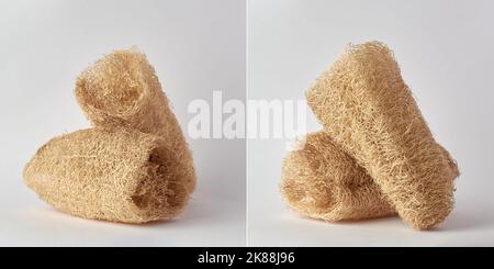 Set von Luffa oder Schwamm Kürbis, auch bekannt als Gemüseschwamm oder Lappen Kürbis, natürliche Schrubber Produkt isoliert auf weißem Hintergrund, Sammlung Stockfoto