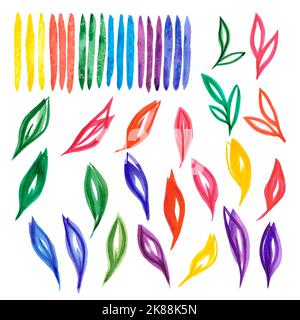 Handgezeichnet Aquarell Bunte Linien, Blätter und Flecken auf dem weißen Hintergrund. Scrapbook Design Elemente. Typografie-Poster, Hochzeitseinladung, Post Stockfoto