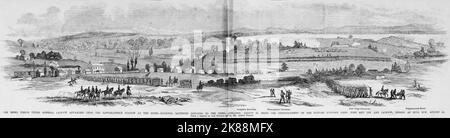 Die Rebellentruppen unter General Stonewall Jackson, die auf die Rappahannock-Station am Fluss vorrücken - National Batteries, die auf die Rebel-Artillerie antworten, am 23.. August 1862, als Beginn der Kämpfe zwischen den Generälen John Pope und Robert E. Lee und Stonewall Jackson, die am Bull Run, 30.. August, enden. Erste Schlacht von Rappahannock Station. Illustration des amerikanischen Bürgerkriegs des 19.. Jahrhunderts aus Frank Leslie's Illustrated Newspaper Stockfoto