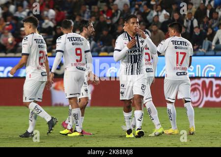 Pachuca, Mexiko. 21. Oktober 2022. 20. Oktober 2022, Pachuca, Mexiko: Luis Romo vom FC Monterrey feiert sein Tor während des Halbfinalspiels zwischen Tuzos und Monterrey beim Eröffnungsturnier 2022 der MX League im Hidalgo Stadium. Am 20. Oktober 2022 in Pachuca, Mexiko. (Foto von Ismael Rosas/ Eyepix Group/Sipa USA) Quelle: SIPA USA/Alamy Live News Stockfoto