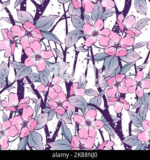 Nahtloses Blumenmuster. Blumen und Blätter. Kirschblüte. Stockfoto