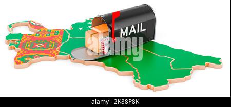 Mailbox auf der turkmenischen Karte. Versand in Turkmenistan, Konzept. 3D Darstellung isoliert auf weißem Hintergrund Stockfoto