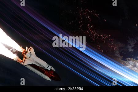 Space Shuttle auf dem Hintergrund des bewohnbaren tiefen Weltraumplaneten Stockfoto