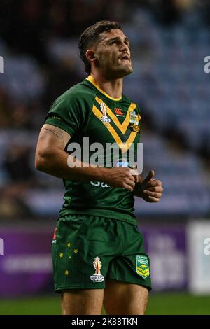 Coventry, Großbritannien. 21. Oktober 2022. Nathan Cleary aus Australien während des Rugby League World Cup 2021-Spiels Australien gegen Schottland in der Coventry Building Society Arena, Coventry, Großbritannien, 21.. Oktober 2022 (Foto von Craig Thomas/News Images) Credit: News Images LTD/Alamy Live News Stockfoto