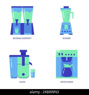 Getränke Küchenausstattung Icon Set in flachem Stil. Symbole für Kaffeemaschine, Getränkespender, Mixer und Entsafter. Vektorgrafik. Stock Vektor