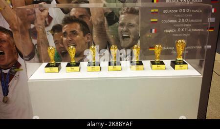 Rio de Janeiro, Brasilien - 11.01.2014 - Weltcup-Trophäen im Maracana-Stadionmuseum Stockfoto