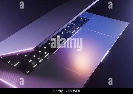Silberner Laptop unter violetten Neonlichtern auf dunklem Hintergrund. Illustration als Designelemente und Hintergrund Stockfoto