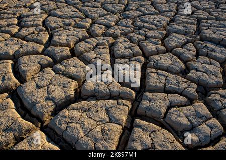 Trockener Stausee von La Vinuela, Stausee wegen Wassermangels für tot erklärt, Malaga, Andalusien, Spanien Stockfoto