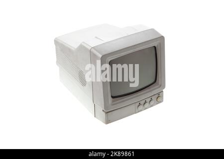 Kleiner alter Röhrenmonitor. Vintage-Elektronik. Isolieren auf weißem Hintergrund. Stockfoto