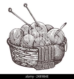 Korb mit Wollkugeln, Garn, Stricknadeln. Handgefertigtes Strickkonzept. Handgezeichnete Skizze Vintage Vektor Illustration Stock Vektor
