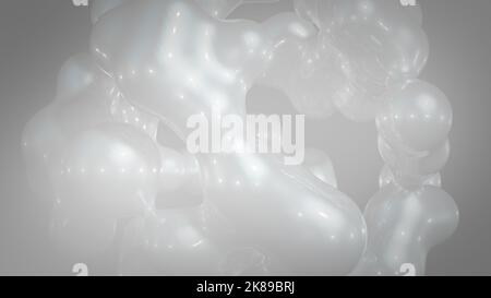 3D Rendering abstraktes künstlerisches surreales Objekt basierend auf metabolischen Sphären im Prozess der Verschmelzung. Flüssigkeitsmorphing. Streuen, Verschmelzen und Überlaufen Stockfoto
