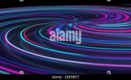 3D Rendering abstrakte Neon Spirale mit Reflexion. Helle und farbenfrohe geschwungene Lichtwege in verschiedenen Farben. Leuchtende hypnotische Linien, virtuelle Realität Stockfoto