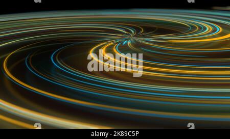 3D Rendering abstrakte Neon Spirale mit Reflexion. Helle und farbenfrohe geschwungene Lichtwege in verschiedenen Farben. Leuchtende hypnotische Linien, virtuelle Realität Stockfoto