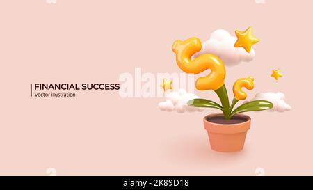 Finanzwachstum – Konzept 3D. Realistisches design für 3D zur Analyse von Investitionen, zur Feier des finanziellen Erfolgs und des Geldwachstums. Konzept zur Steigerung des Geldes. Vektorgrafik im Cartoon-Minimal-Stil. Stock Vektor