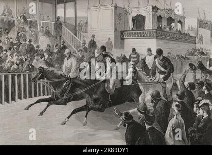 Einweihung der Rennbahn von La Castellana anlässlich der Hochzeit von König Alfonso XII. Mit Infantin Mercedes von Orlaans. Stockfoto