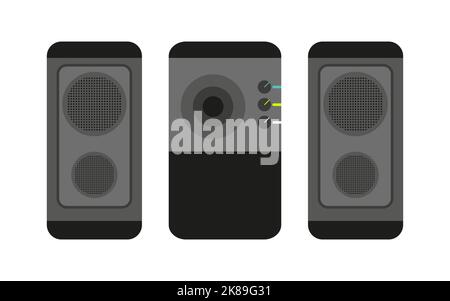Akustische komplexe Stereo-Lautsprechersystem schwarz flach. Woofer-Steuerungstaste Home System Audio Musik hören Film Akustik Computer Zubehör pc Pro Bass Lautstärke Ausrüstung Gamer Theater Surround Sound Stock Vektor