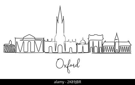 One Line Stil Oxford City Skyline Großbritannien. Einfacher, moderner minimalistischer Stil. Eine fortlaufende Linienzeichnung der Skyline von Oxford, Stock Vektor