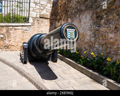 Artillerie-Stück mit einem Tampion mit dem Wappen des Royal Army Ordnance Corps ist die 10-Zoll-18-Tonnen-Kanone am South Port Gate Gibraltar Stockfoto