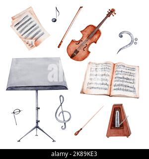 Violine, Notenständer, Notizen und Notenabbildung in Aquarellen. Klassische Musik handbemalte isolierte Elemente-Kollektion auf weißem Hintergrund. Stockfoto