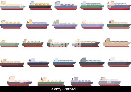 Gasträger Schiff Symbole Satz Cartoon-Vektor. Gasenergie. Marinefahrzeug Stock Vektor