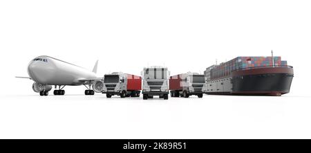 3D Rendering logistic Business mit Frachtschiff, Flugzeug und LKW auf weißem Hintergrund Stockfoto