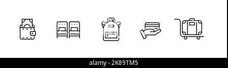 Satz von Symbolen für Hotels. Bargeld, Kreditkartenzahlung, Einzelbetten, Rucksack und Gepäck. Pixelgenaue, bearbeitbare Kontur Stock Vektor