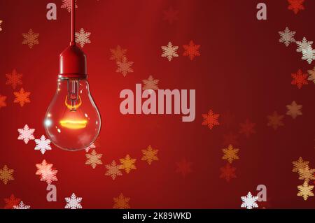3D Illustration , 3D Rendering Glühbirne auf Glitzerhintergrund mit blinkenden Sternen und fallenden Schneeflocken. Verschwommenes Bokeh von Weihnachtslichtern. Stockfoto
