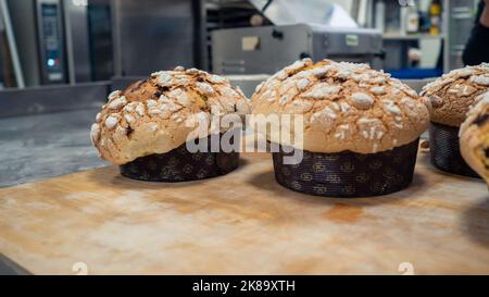Gruppe von Panettonkuchen, die im Profi-Ofen beim Bäcker backen Stockfoto