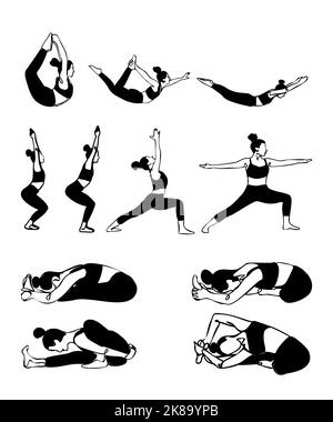 Yoga stellt Kollektion Set Schwarze Symbole isoliert auf weißem Hintergrund Stock Vektor