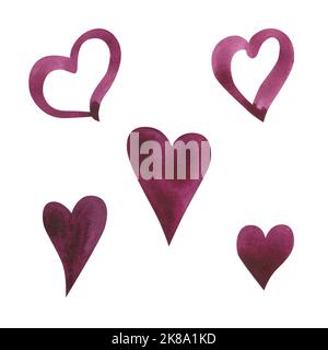 Aquarell Set Herzform rot und rosa Farbtextur auf weißem Hintergrund. Handgezeichnete Illustration für Karten, Banner und Flyer zum Valentinstag Stockfoto