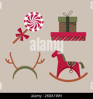 Cartoon Weihnachten Sticker Set Schaukelpferd rund gestreiftes Lollipop Stirnband - Rentier Hörner und Geschenke Stock Vektor