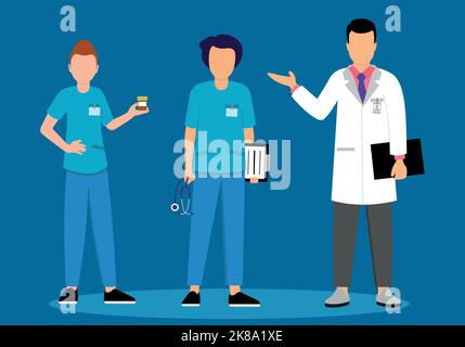 Ärzte und Krankenschwestern auf blauem Hintergrund Stock Vektor