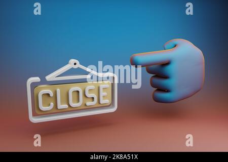 Schöne Illustrationen abstrakte Hand Zeigefinger zeigt auf Schließen Schild Symbol auf einem mehrfarbigen hellen Hintergrund. 3D Rendering-Illustration. Stockfoto