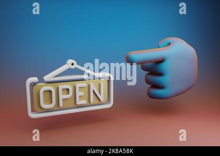 Schöne Illustrationen abstrakter Hand Zeigefinger zeigt auf offenes Schild Symbol auf einem mehrfarbigen hellen Hintergrund. 3D Rendering-Illustration. Stockfoto