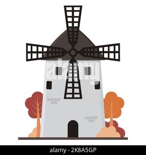 Windmühle im Cartoon-Stil, Vektor isoliert Illustration auf weißem Hintergrund Stock Vektor