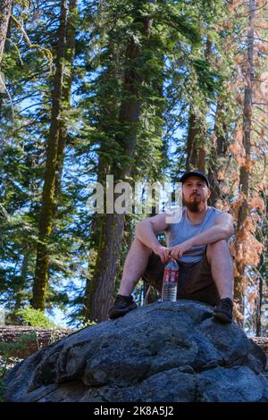 Ein junger Erwachsener sitzt auf einem großen Felsbrocken mit einer Flasche Wasser umgeben von hohen Pinien in der Wildnis des Yosemite National Park. Stockfoto