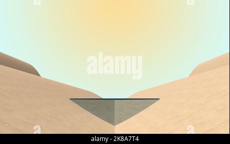 Spiegelpodium zwischen den sandigen Wellen mit Kopierraum. 3D Rendern Stockfoto