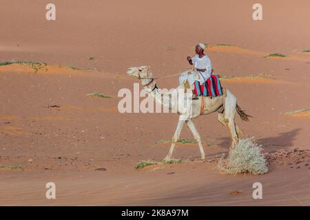 MEROE, SUDAN - 4. MÄRZ 2019: Ein Einheimischer reitet auf einem Kamel in der Nähe der Pyramiden von Meroe, Sudan Stockfoto