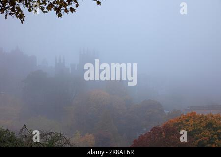 Edinburgh City Centre, Schottland, Großbritannien. 22.. Oktober 2022. Britische Regierung, Queen Elizabeth House Gebäude. Dichter Nebel bedeckte die Stadt über Nacht und am frühen Morgen, bis es am frühen Morgen regnete. Temperatur 11 Grad Celsius. Im Bild: Blick auf den im Nebel gehüllten Hügel, Edinburgh, Schottland. Quelle: Arch White/alamy Live News. Stockfoto