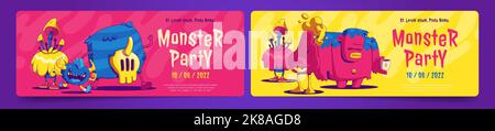 Monster-Party-Poster mit niedlichen außerirdischen Kreaturen im zeitgenössischen Kunststil. Vector Einladungsflyer zu Kids Event oder Feiertagsfeier mit lustigen Co Stock Vektor