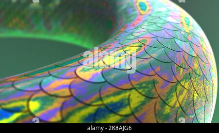 3D Hyper-realistische Darstellung abstrakter Objekte mit lebendigen Farben und schlange-ähnlichen Skalen, eine Darstellung lebensbedrohlicher Szenen Stockfoto