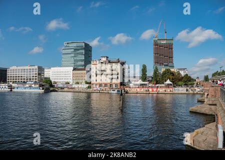 Skyline Spreeufer bei East Side Gallery, Media Spree, Neubauten, Zalando , Stream Tower, Edge East Side Berlin, Immobilien, Berlin-Friedrichshain, Stockfoto