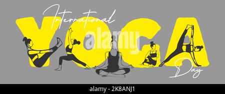 Internationaler Yoga-Tag am 21.. Juni Vektordesign, Poster, Karte, Banner Stock Vektor