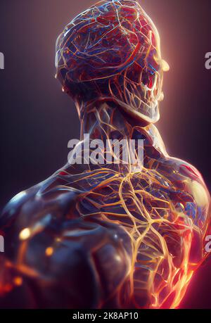 Der Mensch ist Neuronen 3D Illustration. Mensch aus der Zukunft. 3D Digitale Abbildung. Stockfoto