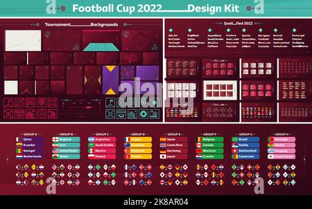 Fußballcup 2022 Design-Kit für soziale Medien. Set von Vektor-Illustration für Fußball-Fußball-Cup 2022. Quadratische und horizontale Muster Hintergrund, Gruppen, Stock Vektor