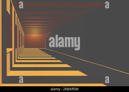 Futuristischer dunkler Tunnel mit orangefarbenen Lichtern und langen tiefen Schatten 3D Render. Stockfoto