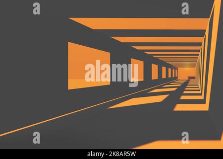 Dunkeloranger Tunnel mit Fenstern und harten Schatten von 3D Render. Stockfoto