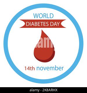 Weltdiabetes Tag Bewusstsein Poster Bluttropfen Symbol mit blauen Kreis Ring Rahmen Logo Stock Vektor