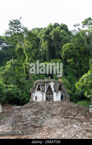 Blick auf die archäologische Stätte der Maya in Palenque in Chiapas, Mexiko. Maya-Ruinen und antikes Gebäude: Tempel des Foliated Cross Stockfoto